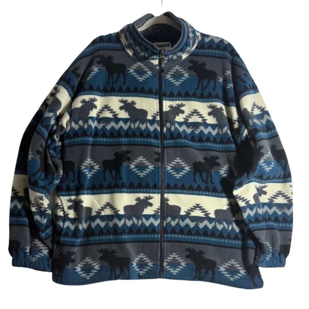 Men's Blue Patterned Moose Fleece Zip-Up Sweater Jacket